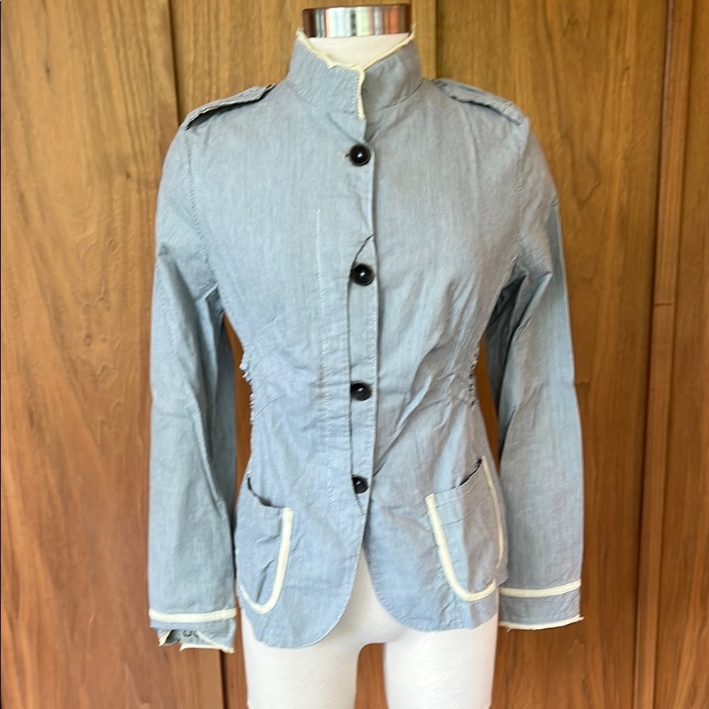 Desigual cotton jacket, blue, and white stripe with cream piping.